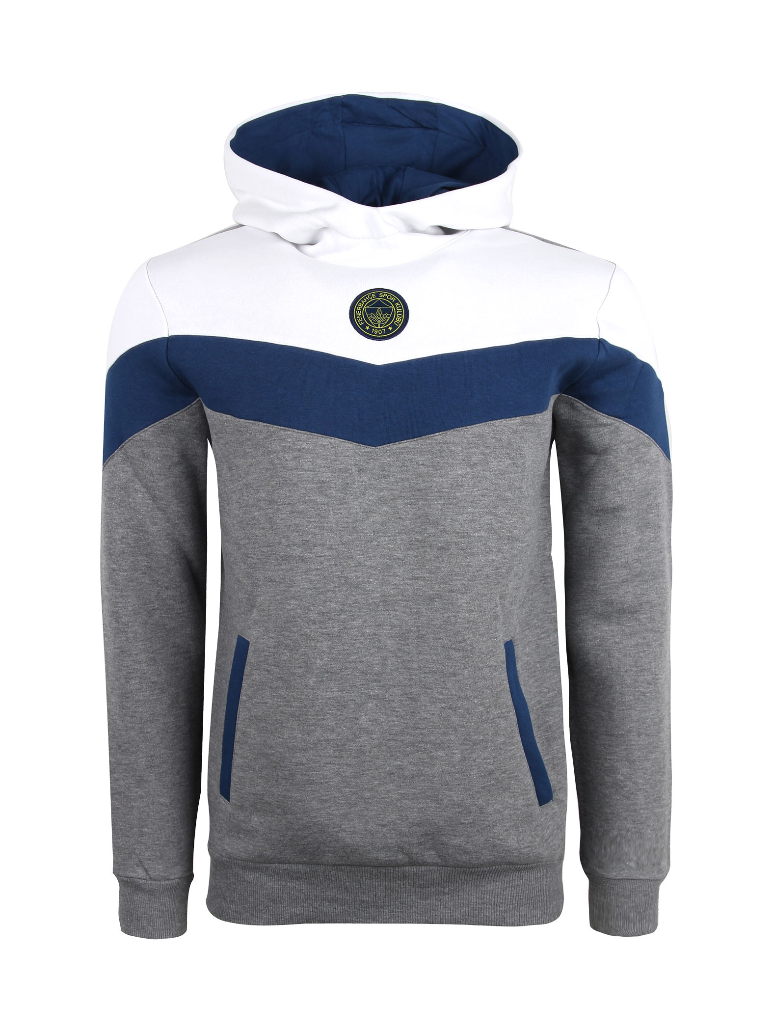 Fenerbahçe Gri Melanj Beyaz Tribün Üç Renk Şeritli Erkek Sweatshirt